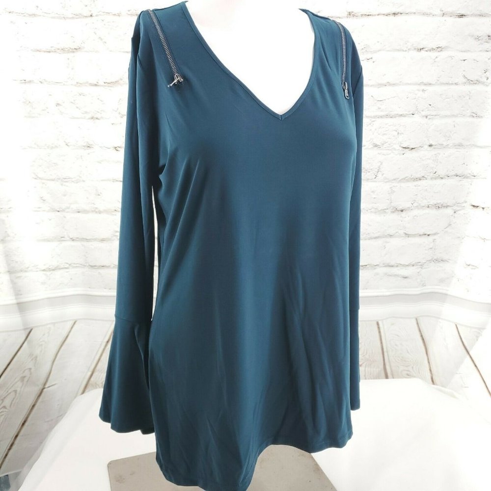 Love Scarlett Womens Deep Teal V Neck Scalloped Slit Sleeve Blouse Top Size PL